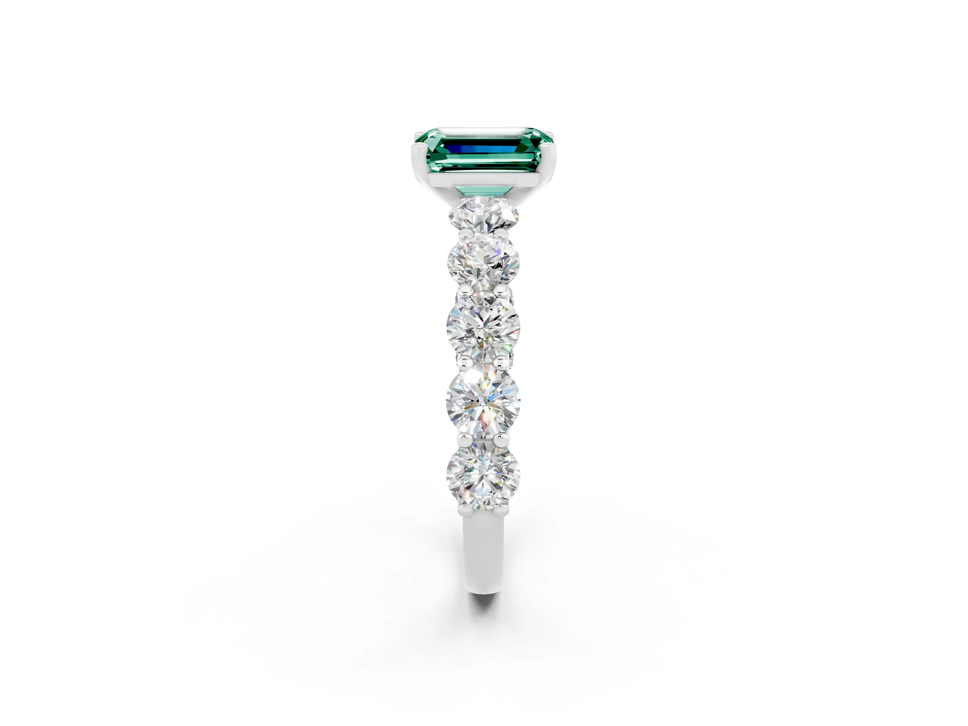 White gold Emerald Cut Green Sapphire Prong Setting with Side Stones on a Pave Band_2