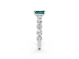 White gold Emerald Cut Green Sapphire Prong Setting with Side Stones on a Pave Band_2