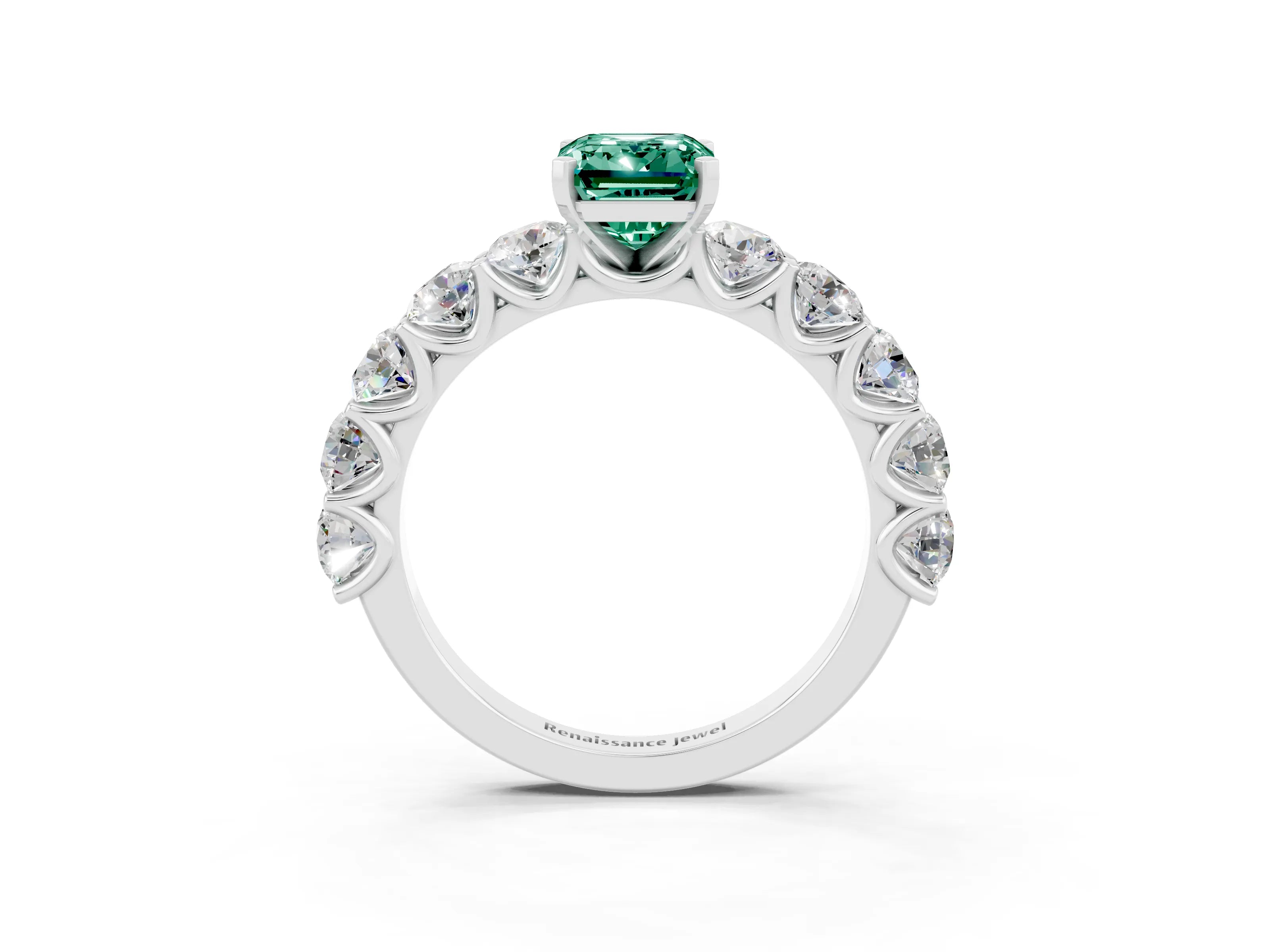White gold Emerald Cut Green Sapphire Prong Setting with Side Stones on a Pave Band_3