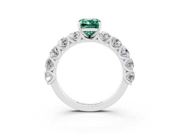 Silver Emerald Cut Green Sapphire Prong Setting with Side Stones on a Pave Band