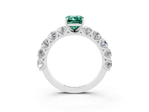 White gold Emerald Cut Green Sapphire Prong Setting with Side Stones on a Pave Band_3