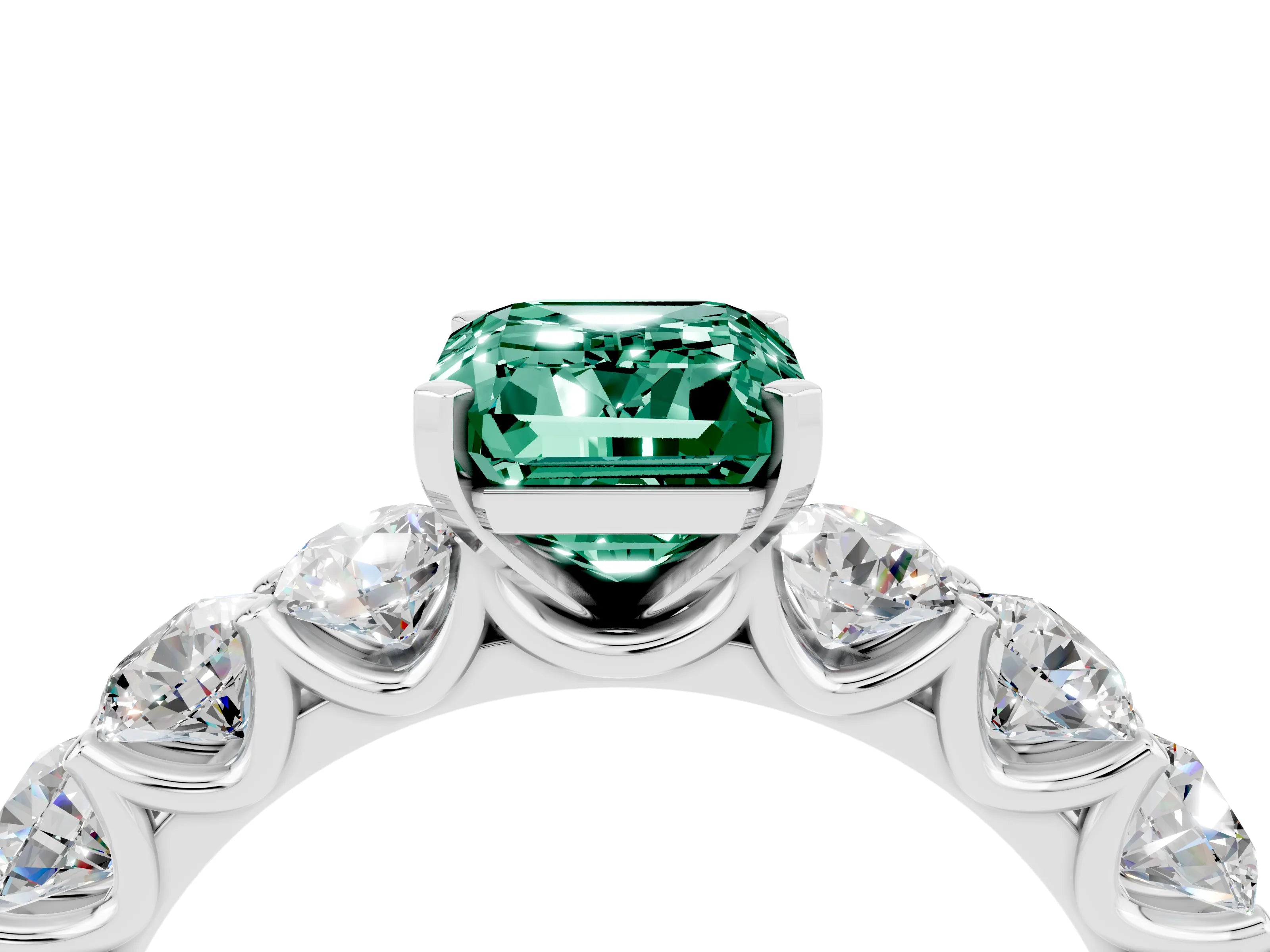 White gold Emerald Cut Green Sapphire Prong Setting with Side Stones on a Pave Band_4
