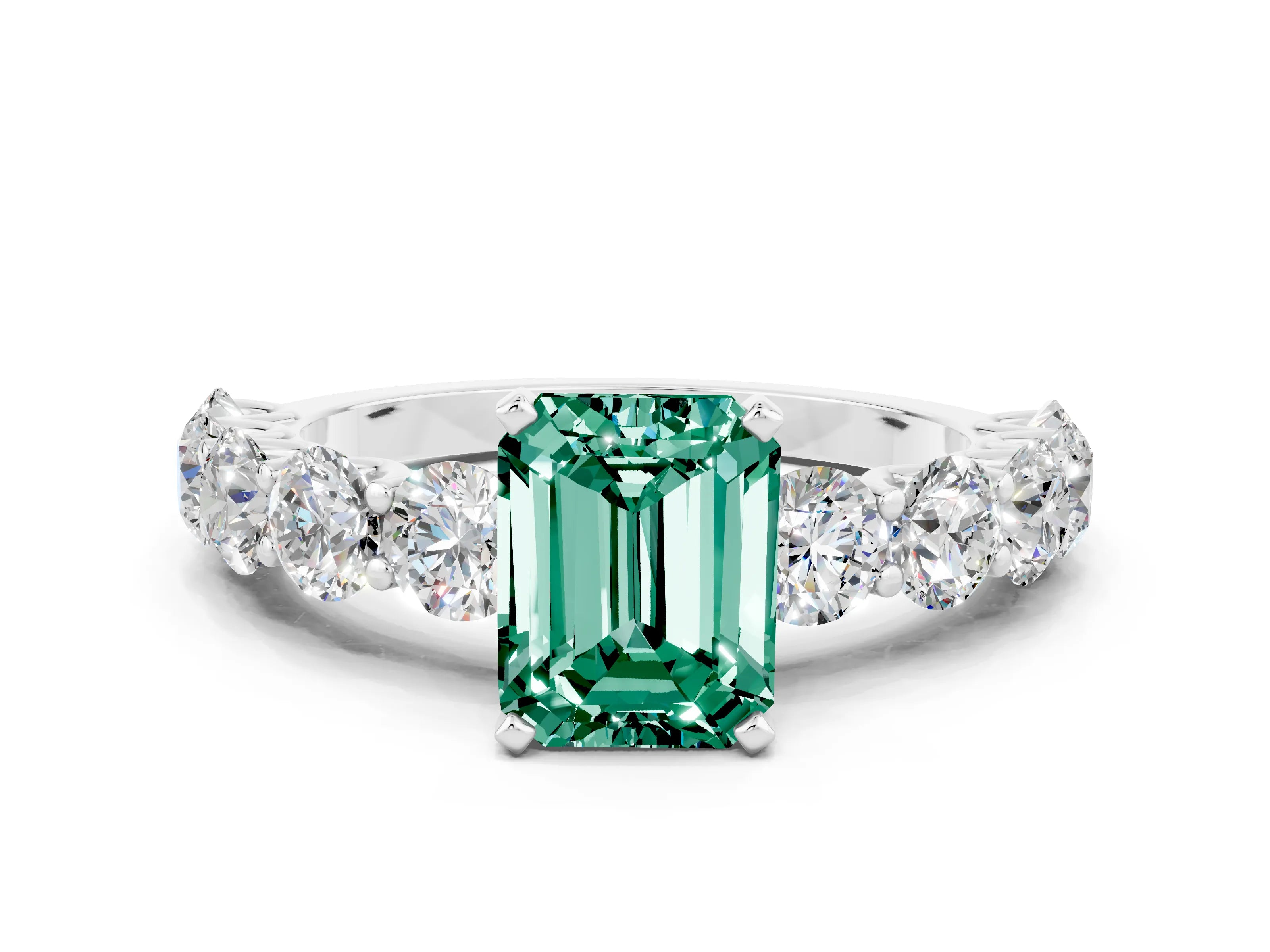White gold Emerald Cut Green Sapphire Prong Setting with Side Stones on a Pave Band