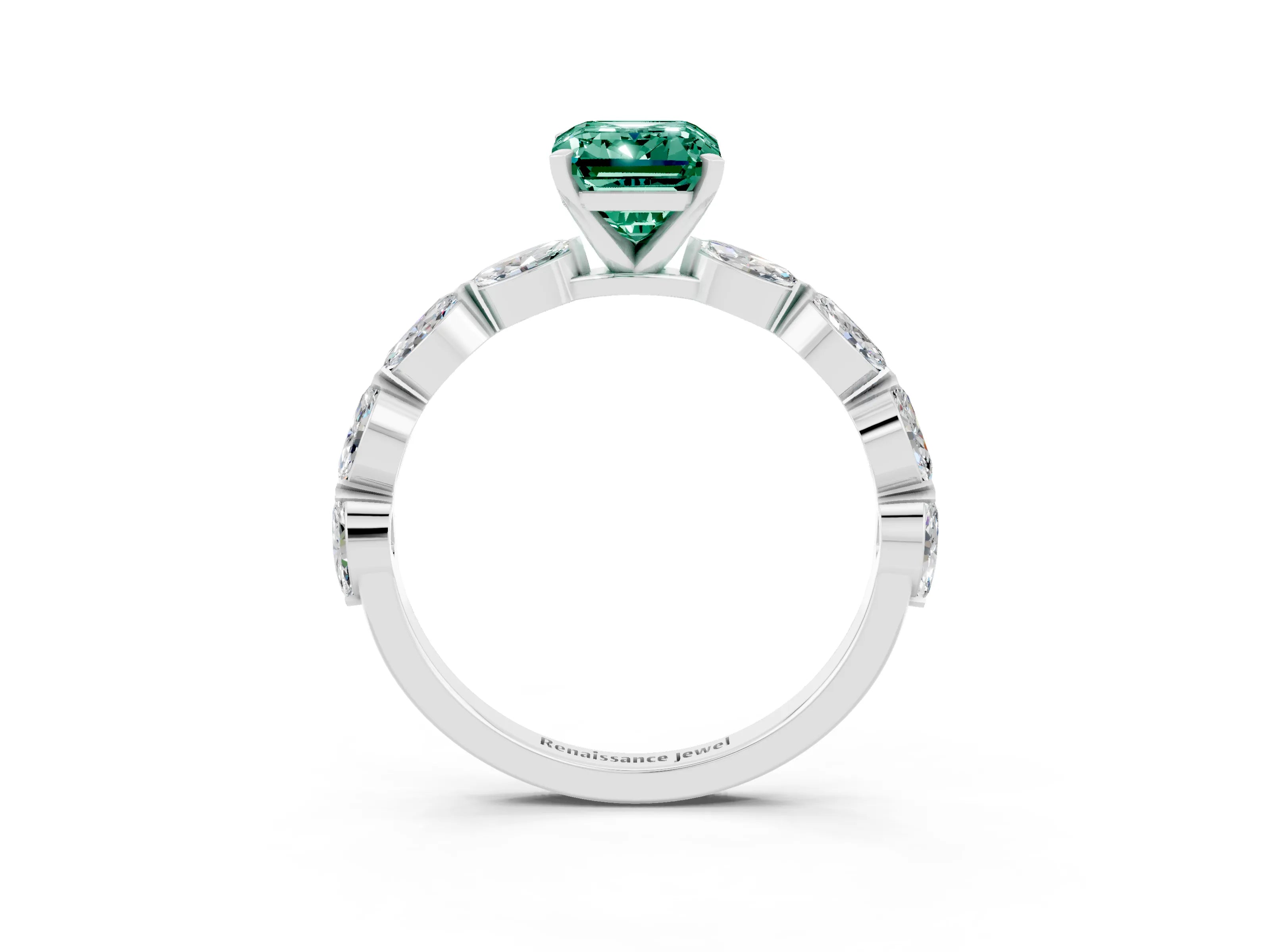White gold Emerald Cut Green Sapphire Ring with Marquise Side Stones and Prong Setting_3