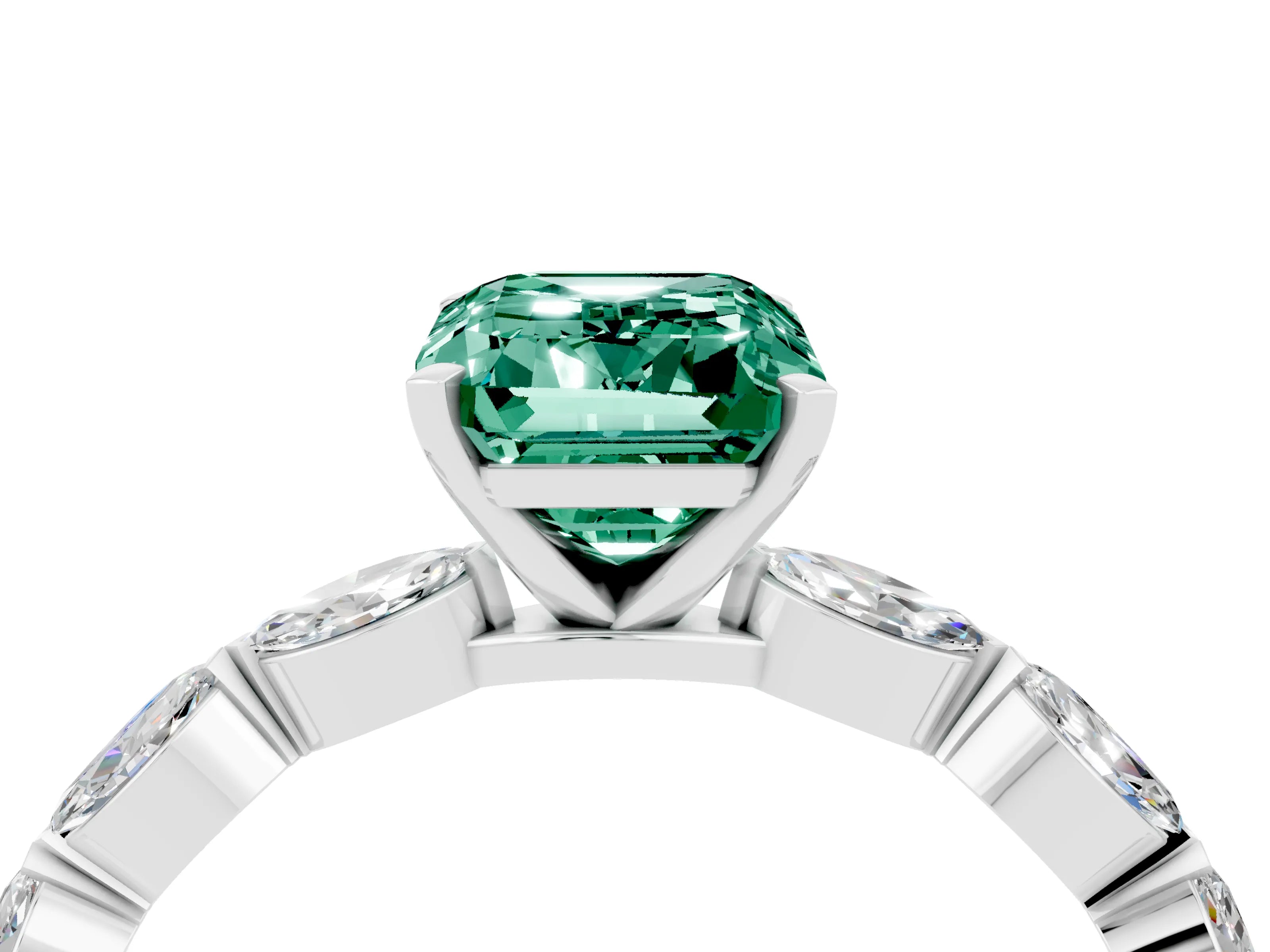 White gold Emerald Cut Green Sapphire Ring with Marquise Side Stones and Prong Setting_4