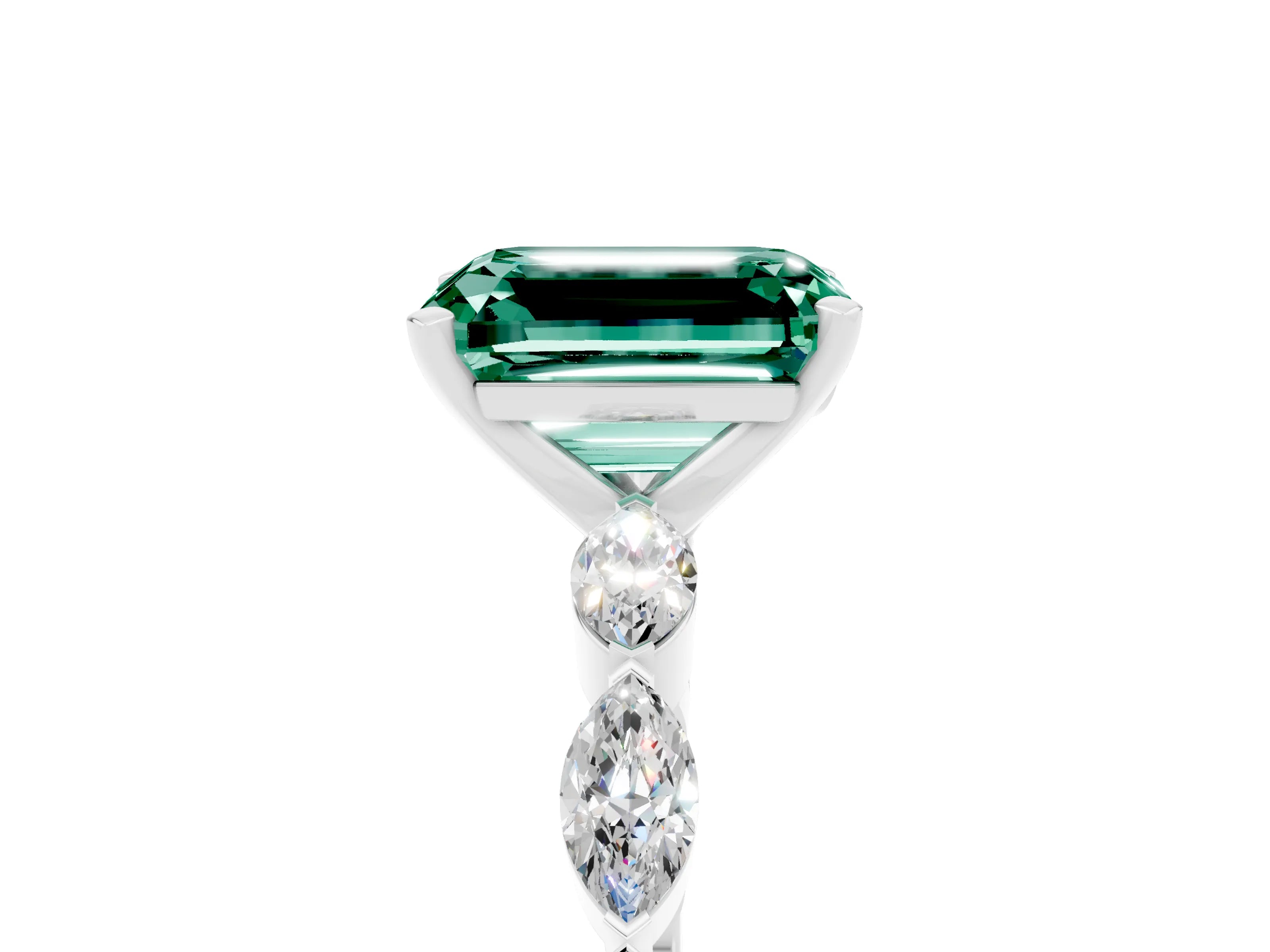 White gold Emerald Cut Green Sapphire Ring with Marquise Side Stones and Prong Setting_5