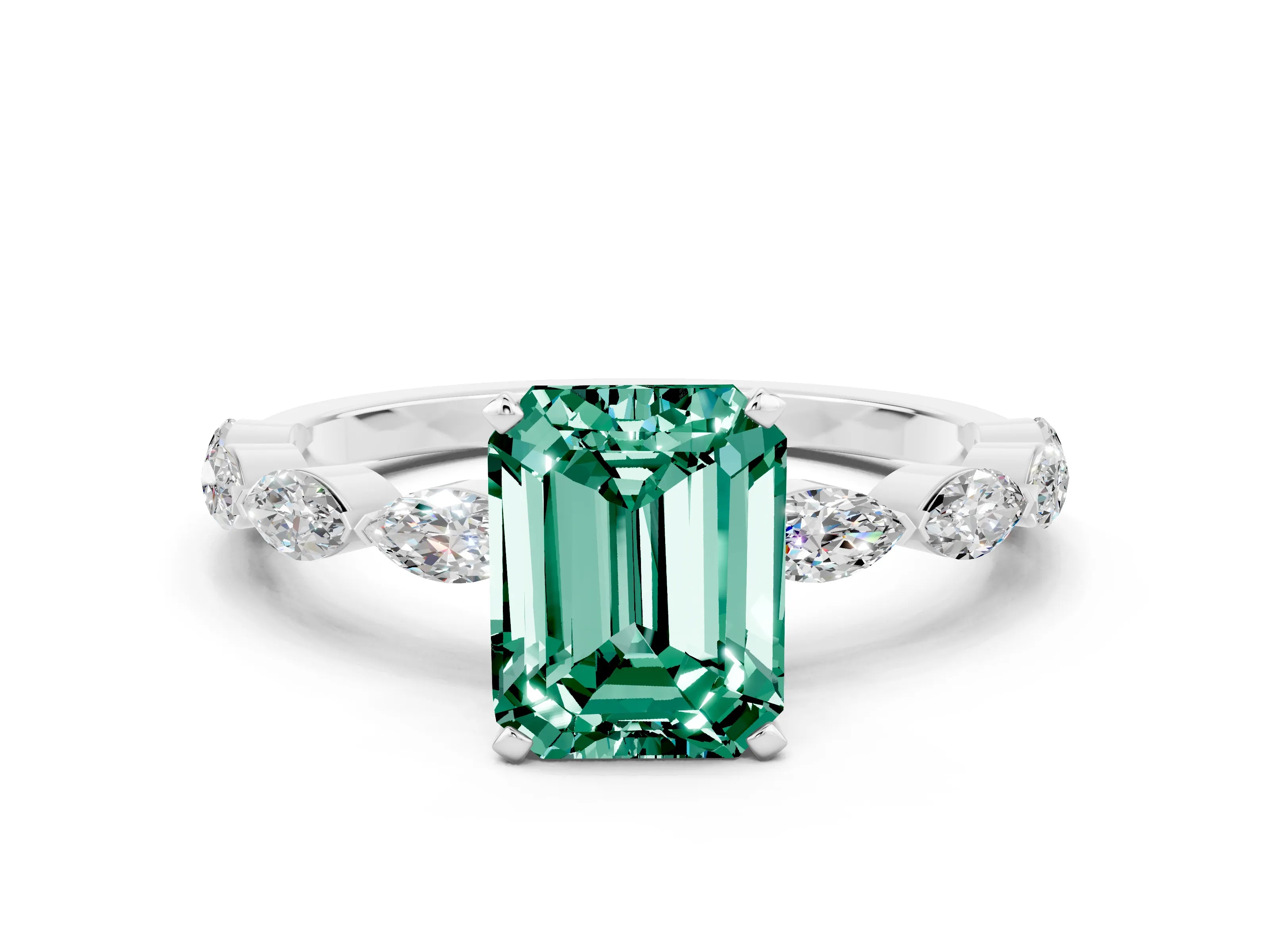 White gold Emerald Cut Green Sapphire Ring with Marquise Side Stones and Prong Setting