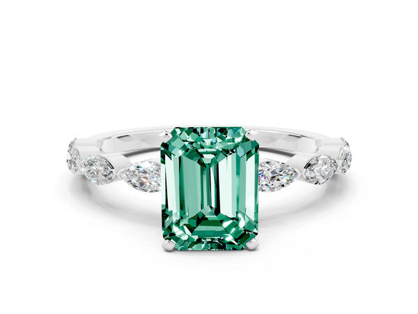 Silver Emerald Cut Green Sapphire Ring with Marquise Side Stones and Prong Setting