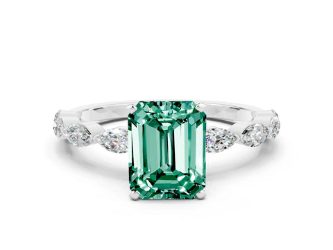 White gold Emerald Cut Green Sapphire Ring with Marquise Side Stones and Prong Setting