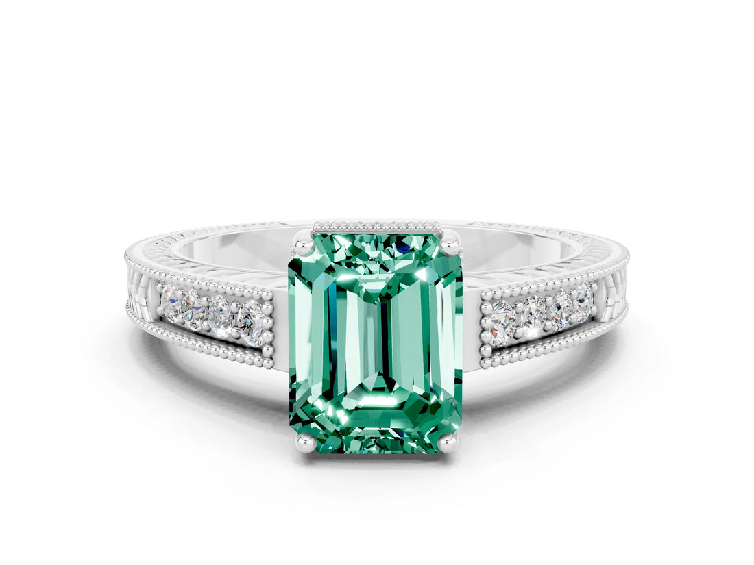 White gold Emerald Cut Green Sapphire Ring with Milgrain Pavé Band and Four-Prong Setting_12