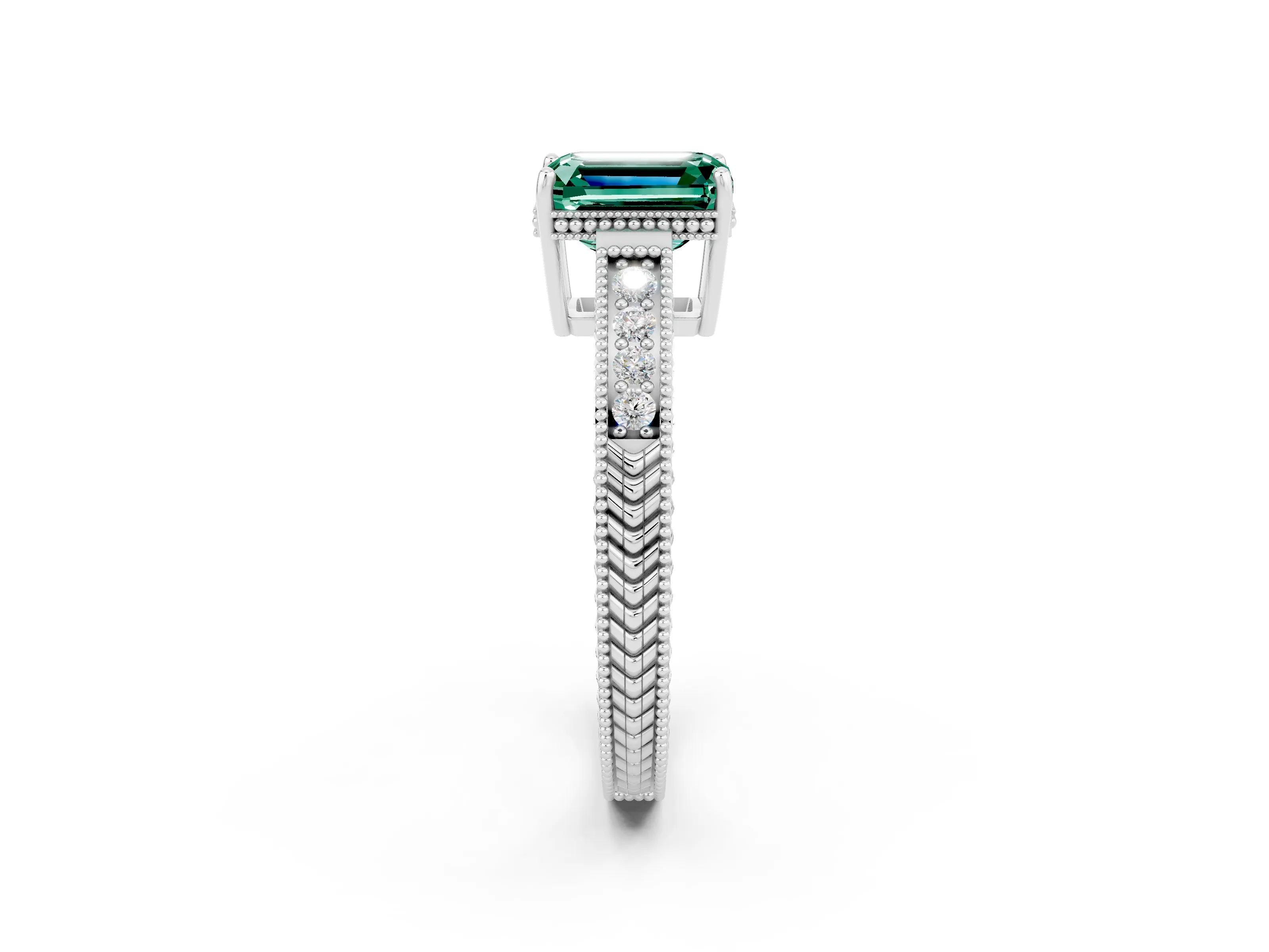 White gold Emerald Cut Green Sapphire Ring with Milgrain Pavé Band and Four-Prong Setting_14