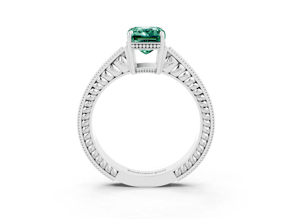 Silver Emerald Cut Green Sapphire Ring with Milgrain Pavé Band and Four-Prong Setting