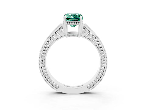 White gold Emerald Cut Green Sapphire Ring with Milgrain Pavé Band and Four-Prong Setting_15