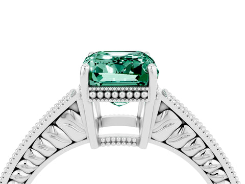 White gold Emerald Cut Green Sapphire Ring with Milgrain Pavé Band and Four-Prong Setting_16