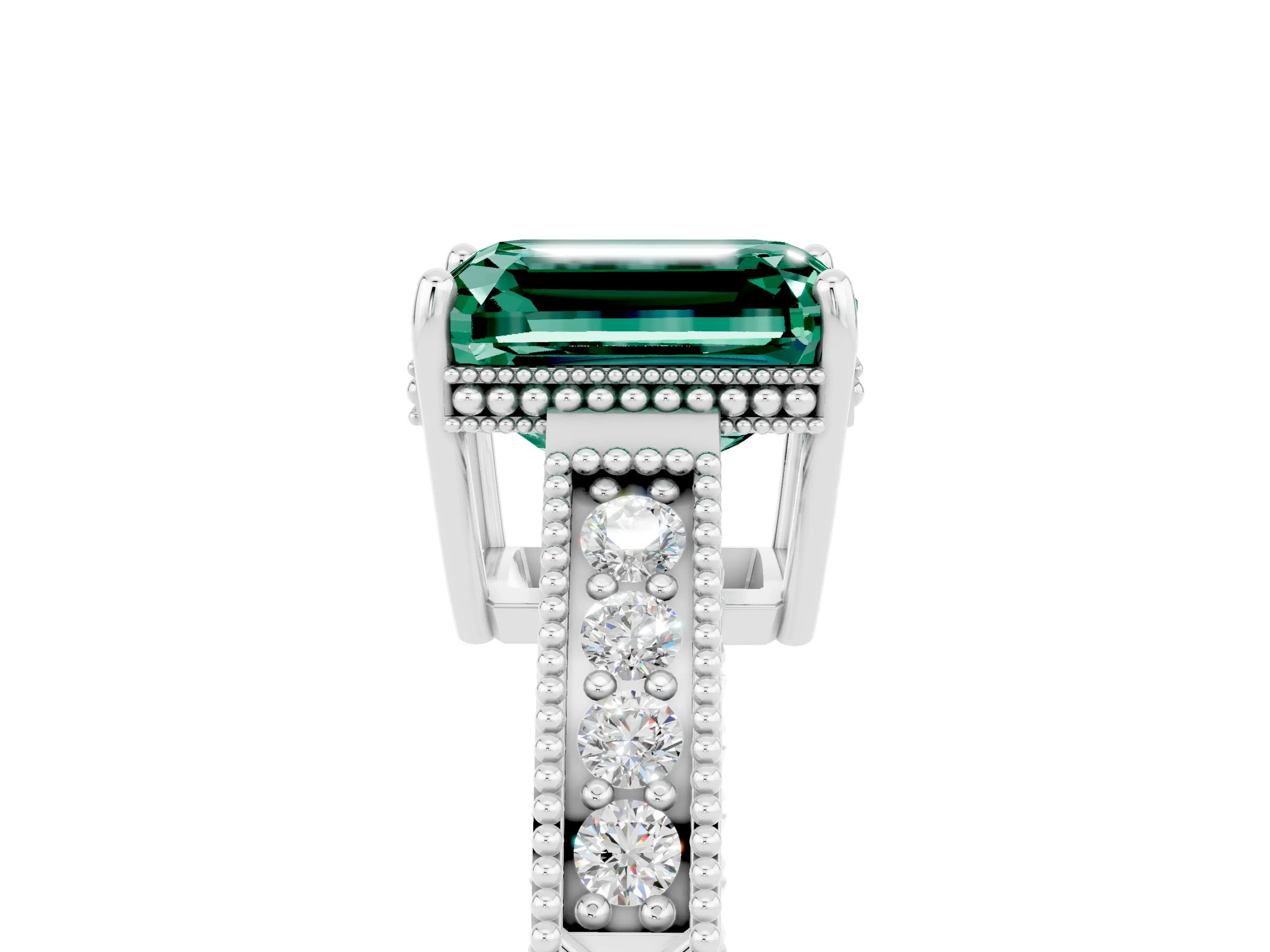 White gold Emerald Cut Green Sapphire Ring with Milgrain Pavé Band and Four-Prong Setting_17