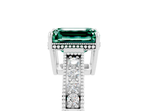 White gold Emerald Cut Green Sapphire Ring with Milgrain Pavé Band and Four-Prong Setting_17