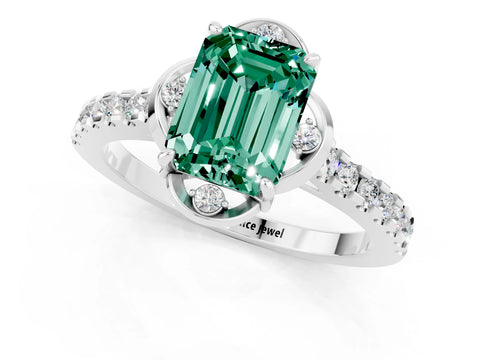 White gold Emerald Cut Green Sapphire Ring with Pavé Band and Floral Prong Setting_1