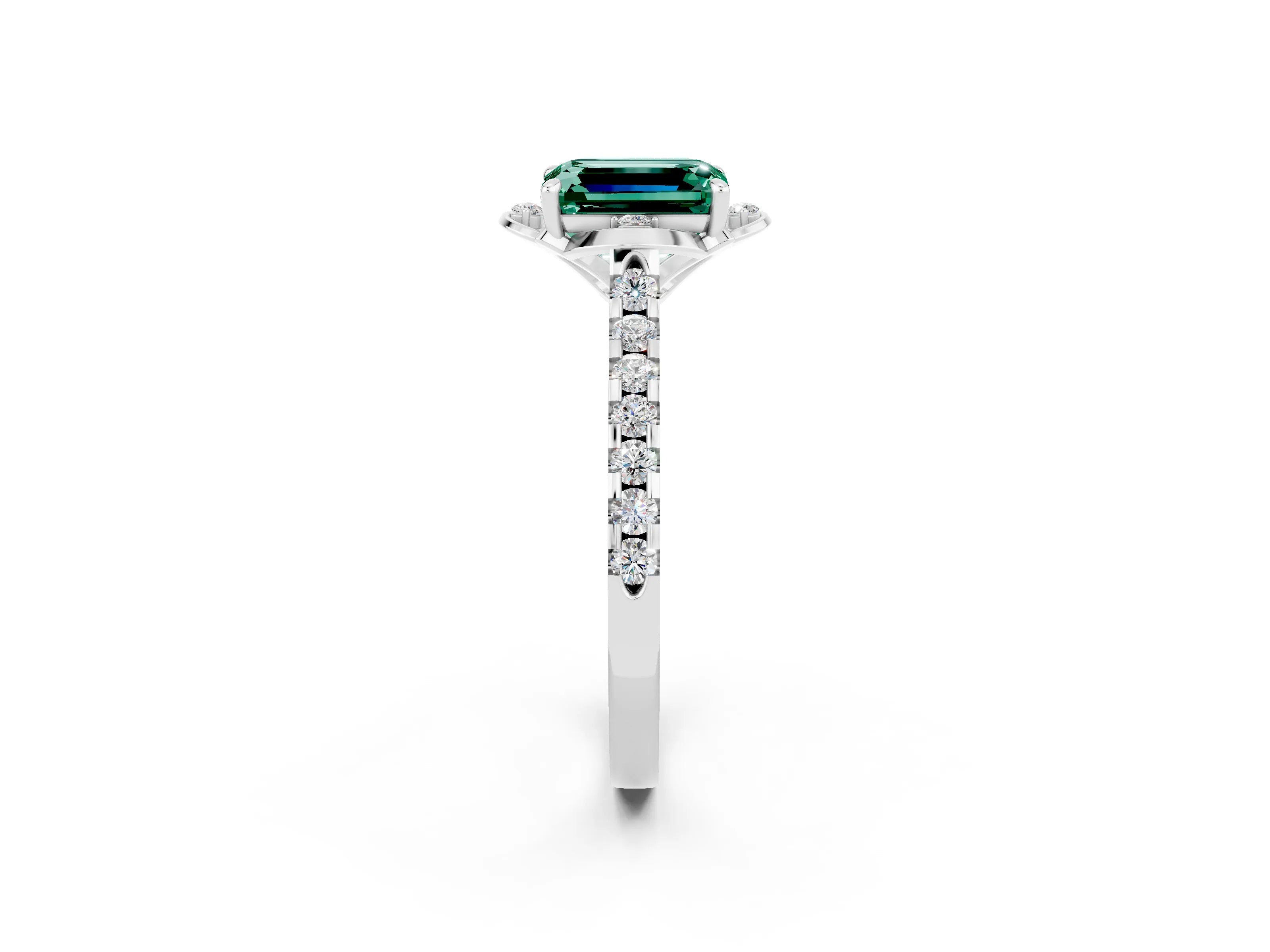 White gold Emerald Cut Green Sapphire Ring with Pavé Band and Floral Prong Setting_2