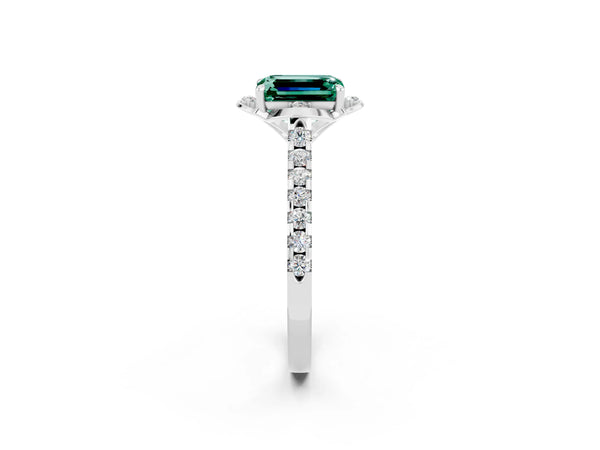 Platinum Emerald Cut Green Sapphire Ring with Pavé Band and Floral Prong Setting