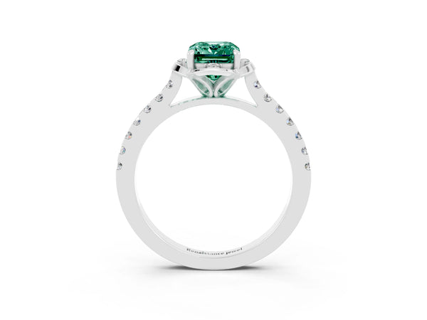 Platinum Emerald Cut Green Sapphire Ring with Pavé Band and Floral Prong Setting