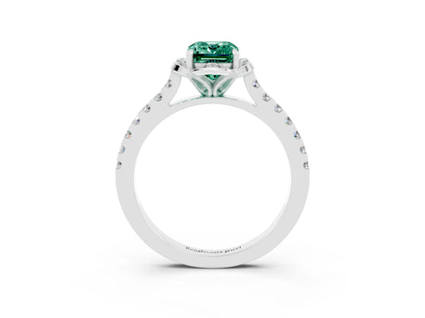 White gold Emerald Cut Green Sapphire Ring with Pavé Band and Floral Prong Setting_3