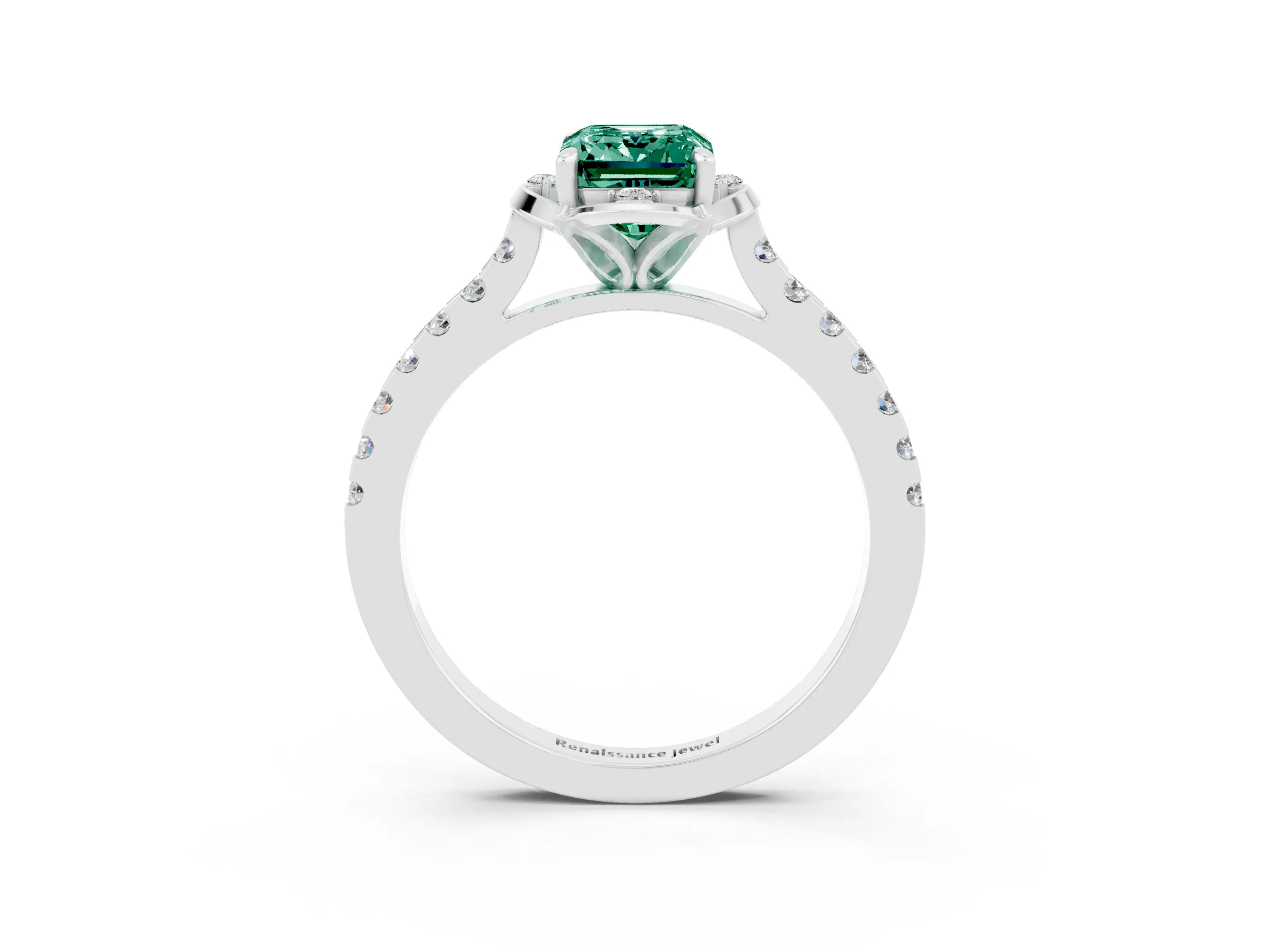 White gold Emerald Cut Green Sapphire Ring with Pavé Band and Floral Prong Setting_3