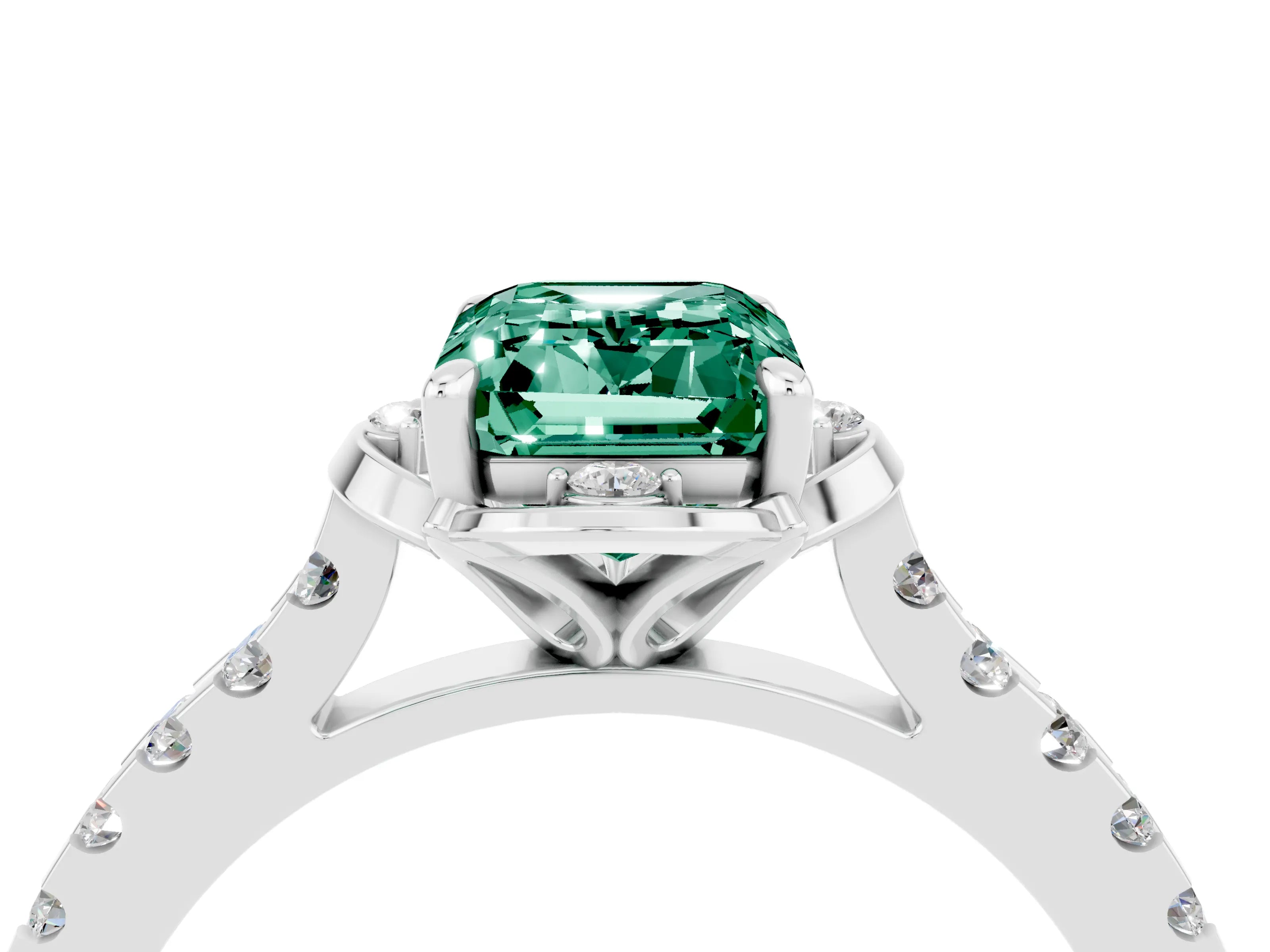 White gold Emerald Cut Green Sapphire Ring with Pavé Band and Floral Prong Setting_4