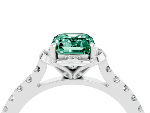 White gold Emerald Cut Green Sapphire Ring with Pavé Band and Floral Prong Setting_4