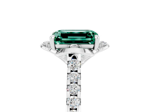 White gold Emerald Cut Green Sapphire Ring with Pavé Band and Floral Prong Setting_5
