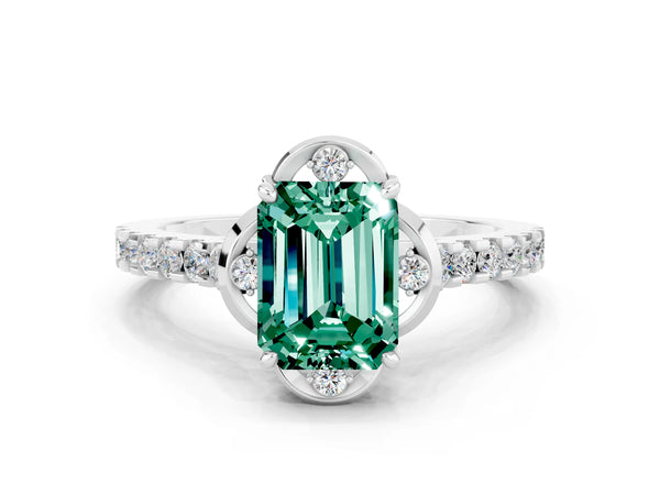 Silver Emerald Cut Green Sapphire Ring with Pavé Band and Floral Prong Setting