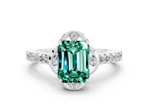 White gold Emerald Cut Green Sapphire Ring with Pavé Band and Floral Prong Setting