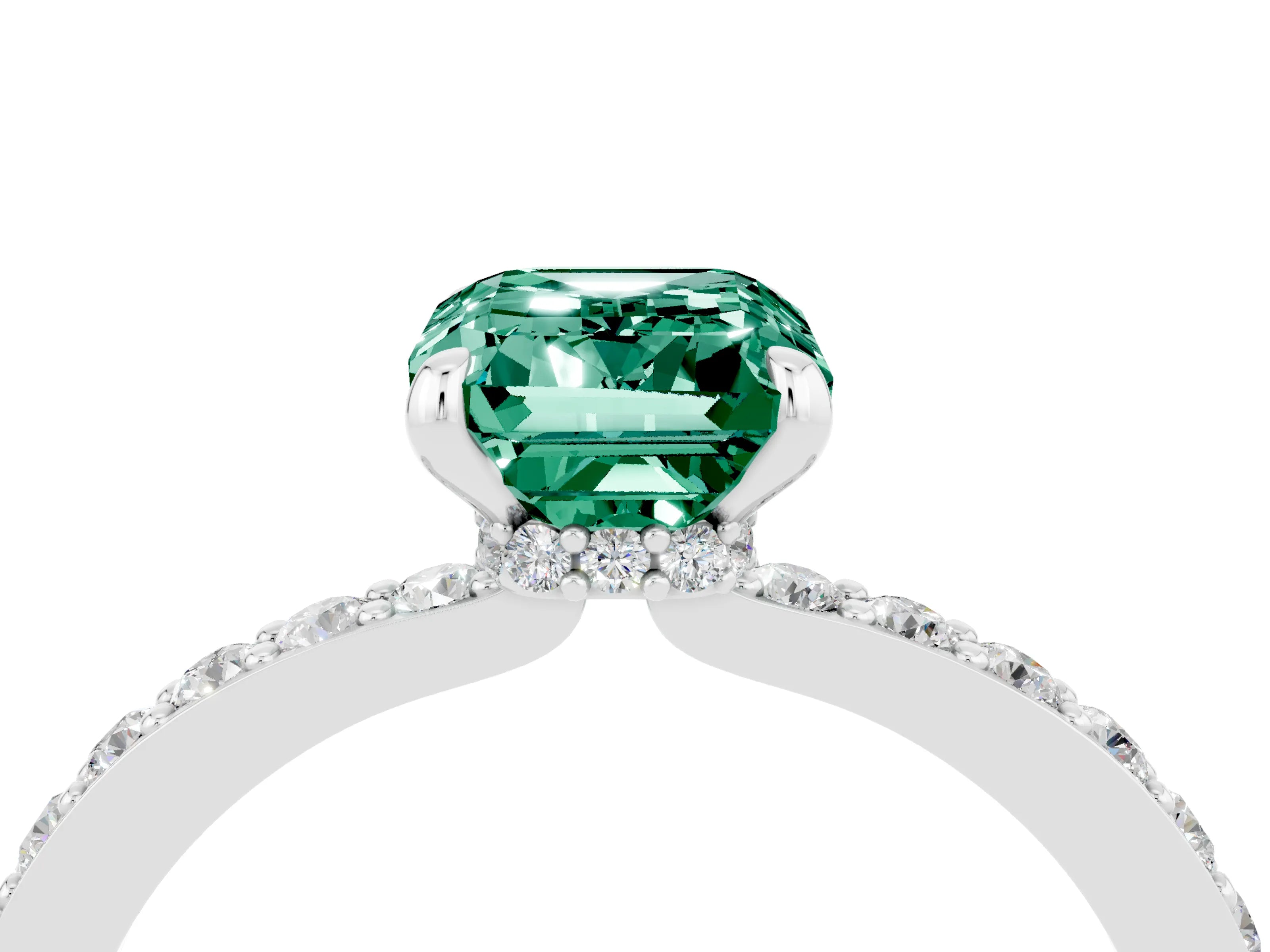 White gold Emerald Cut Green Sapphire Ring with Pavé Band and Four-Prong Setting_4