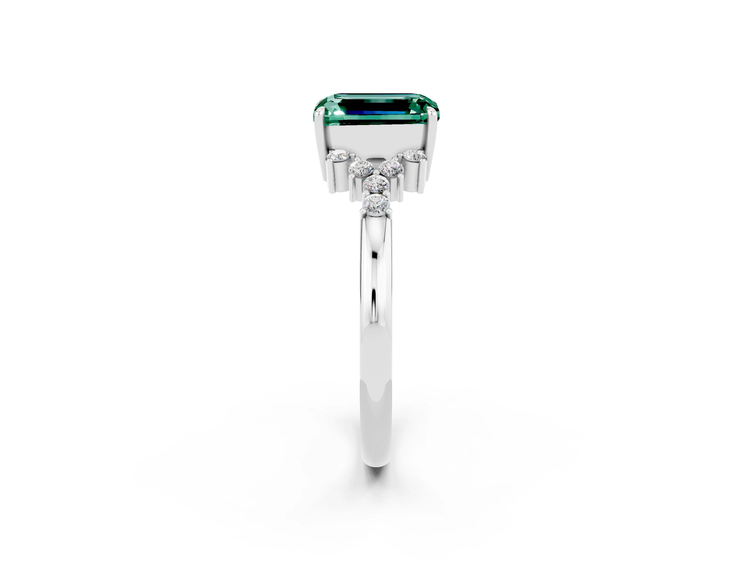 White gold Emerald Cut Green Sapphire Ring with Side Stones and Four-Prong Setting_38