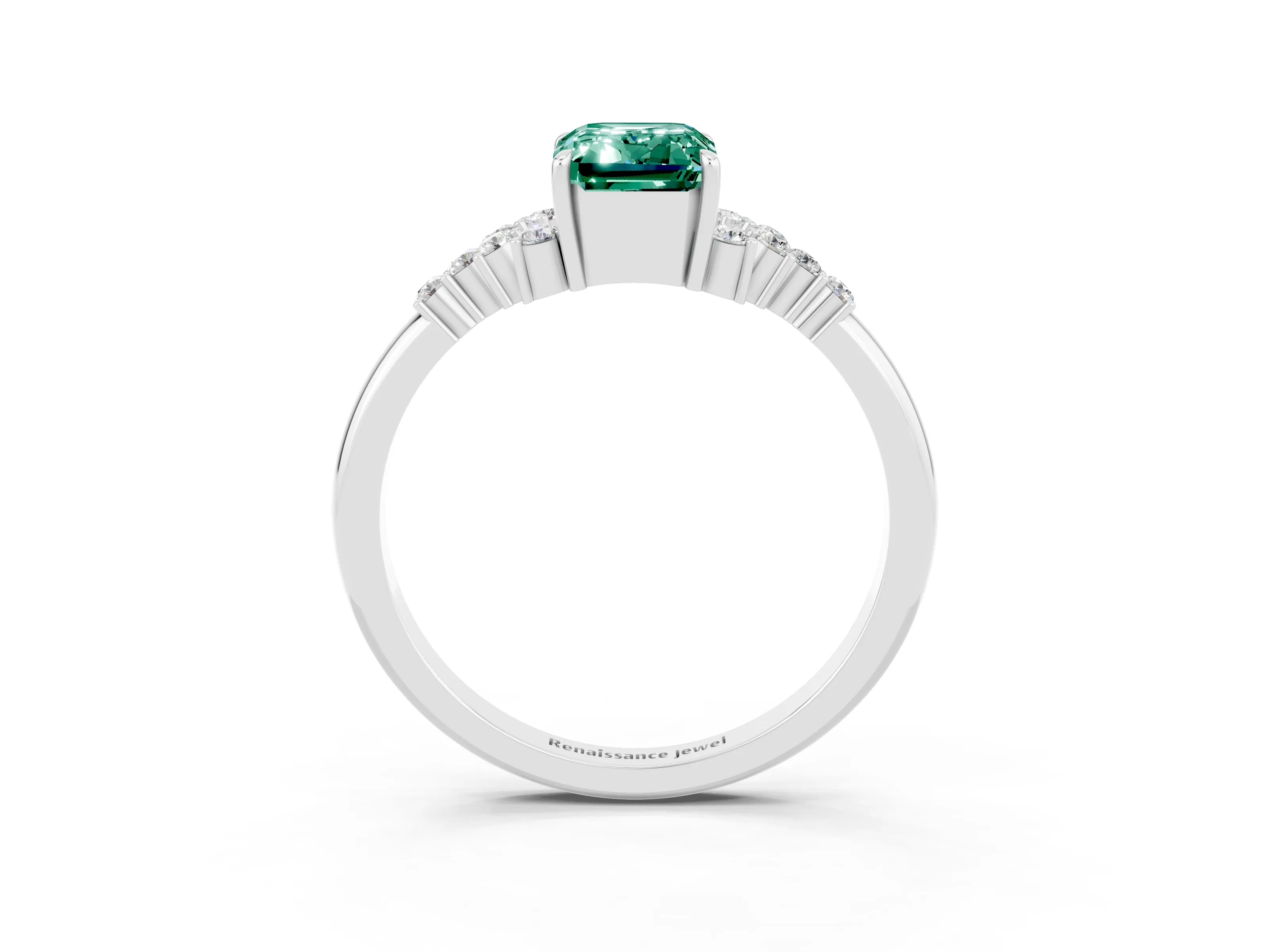 White gold Emerald Cut Green Sapphire Ring with Side Stones and Four-Prong Setting_39