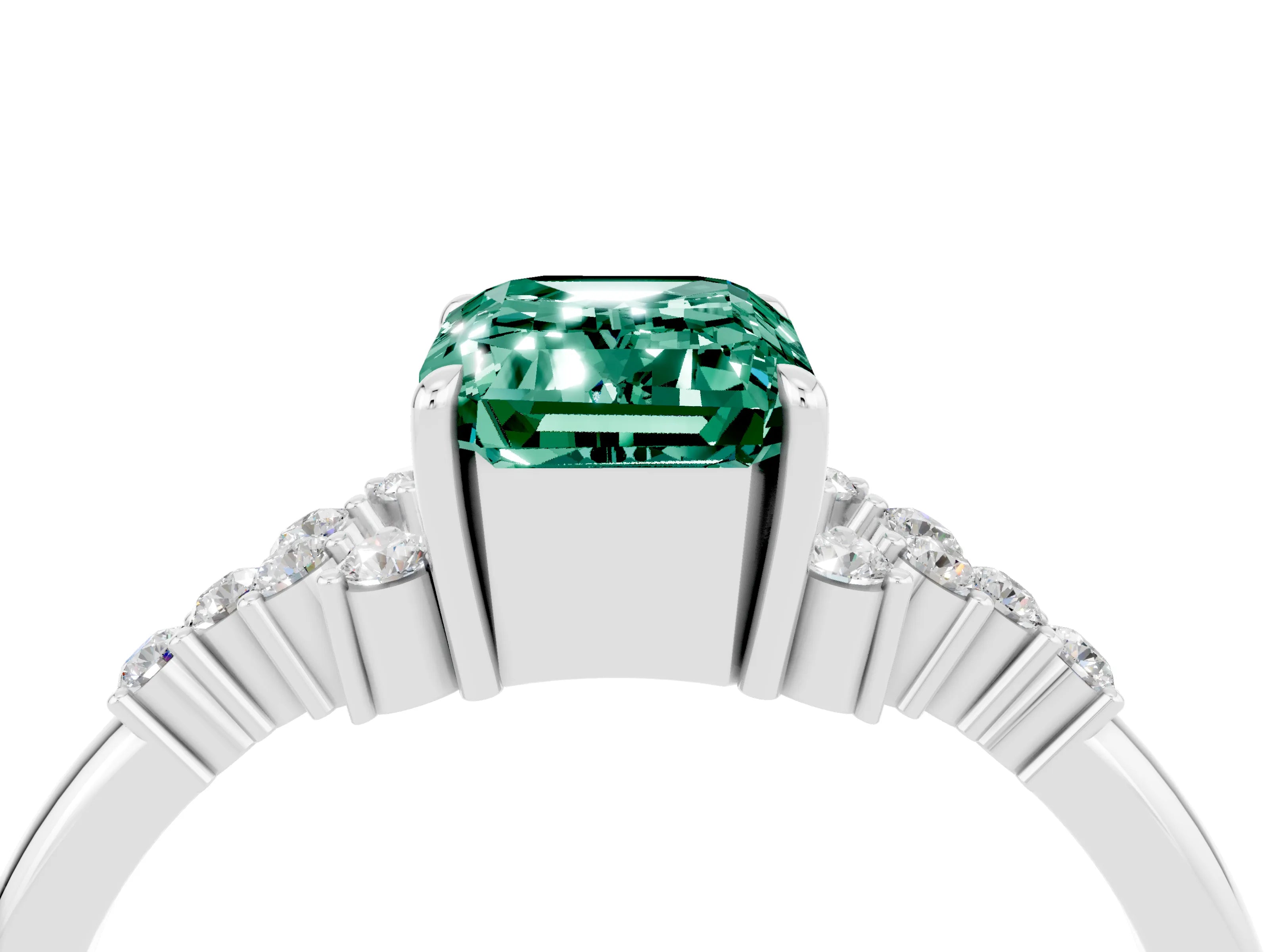 White gold Emerald Cut Green Sapphire Ring with Side Stones and Four-Prong Setting_40