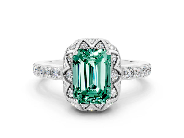 Platinum Emerald Cut Green Sapphire Scalloped Halo Engagement Ring with Round Shared Prong Band