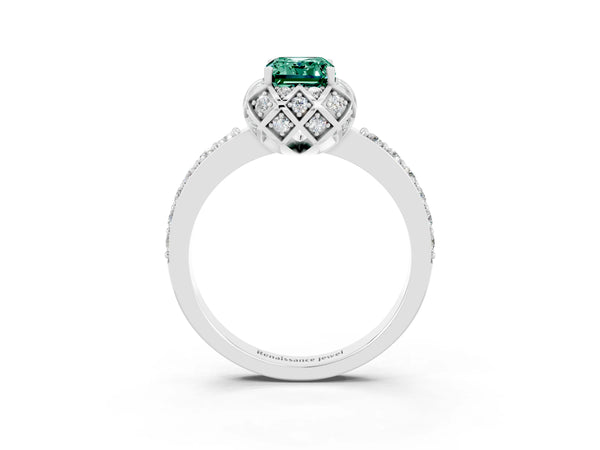 Platinum Emerald Cut Green Sapphire Scalloped Halo Engagement Ring with Round Shared Prong Band