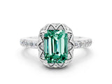 White gold Emerald Cut Green Sapphire Scalloped Halo Engagement Ring with Round Shared Prong Band_24
