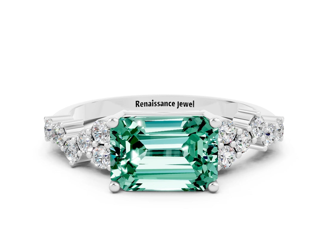 White gold Emerald Cut Green Sapphire Scattered Round Accent Ring with Prong Setting_36