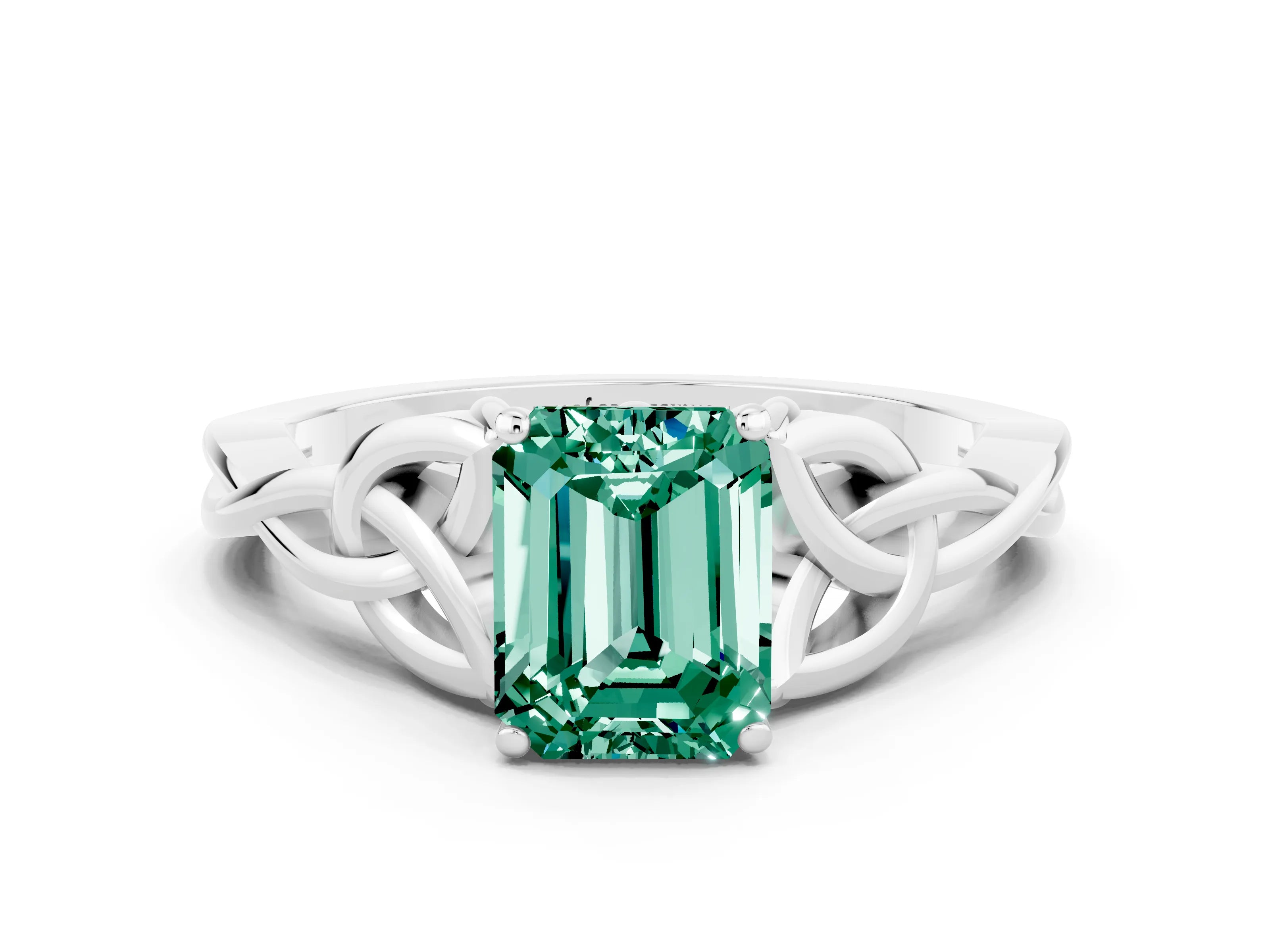 White gold Emerald Cut Green Sapphire Solitaire Celtic Knot Ring with Four-Prong Setting_12
