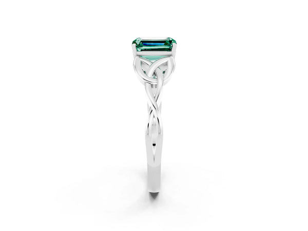 Platinum Emerald Cut Green Sapphire Solitaire Celtic Knot Ring with Four-Prong Setting