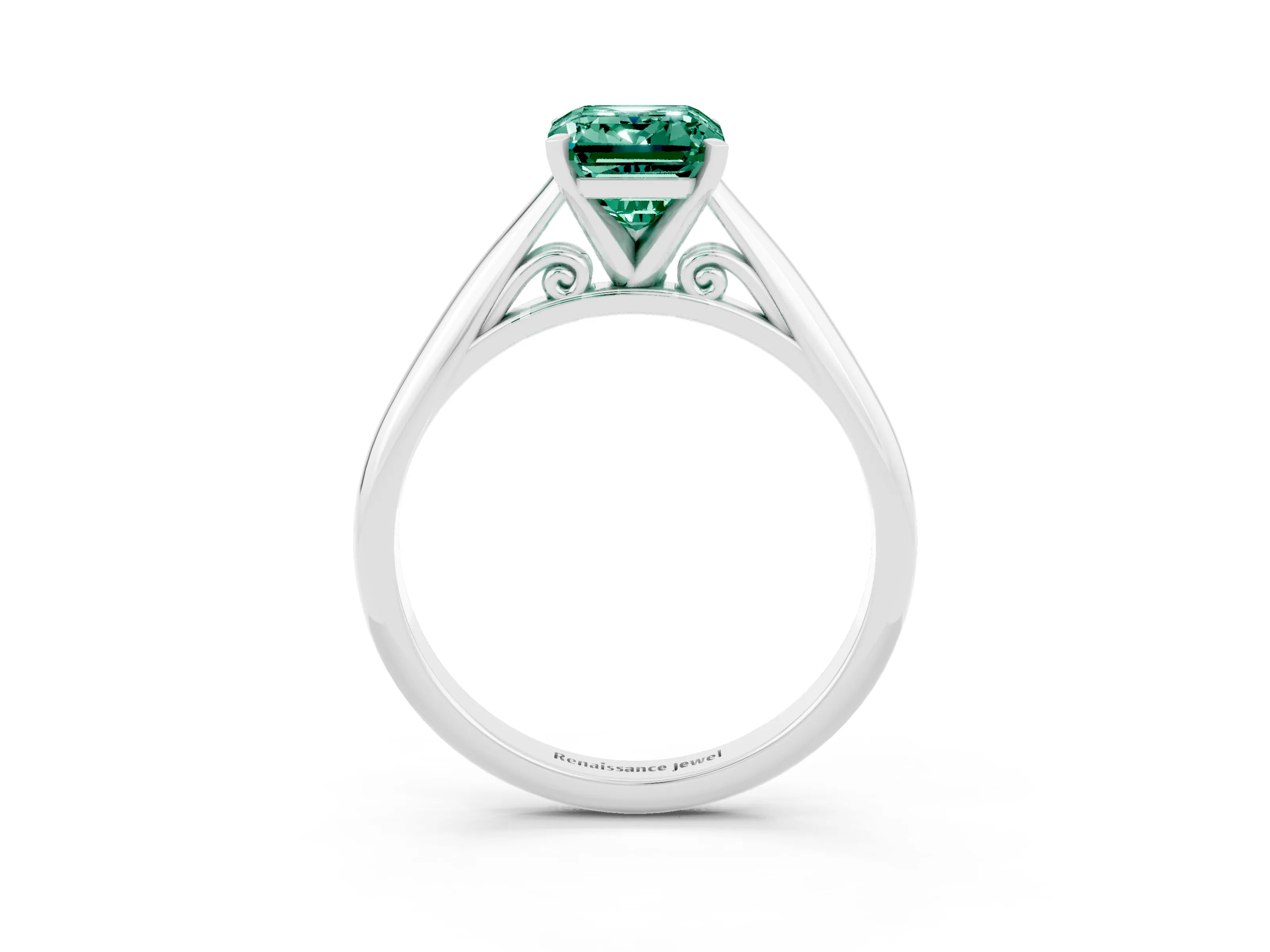 White gold Emerald Cut Green Sapphire Solitaire Engagement Ring with Cathedral Setting and Four-Prong Mount_15