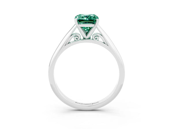 Silver Emerald Cut Green Sapphire Solitaire Engagement Ring with Cathedral Setting and Four-Prong Mount