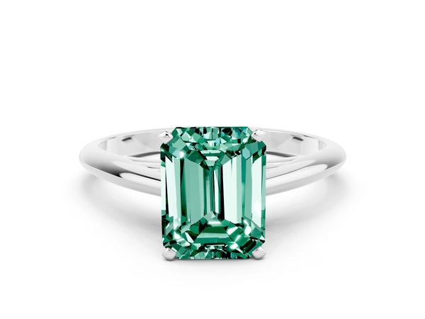 White gold Emerald Cut Green Sapphire Solitaire Engagement Ring with Cathedral Setting and Four-Prong Mount