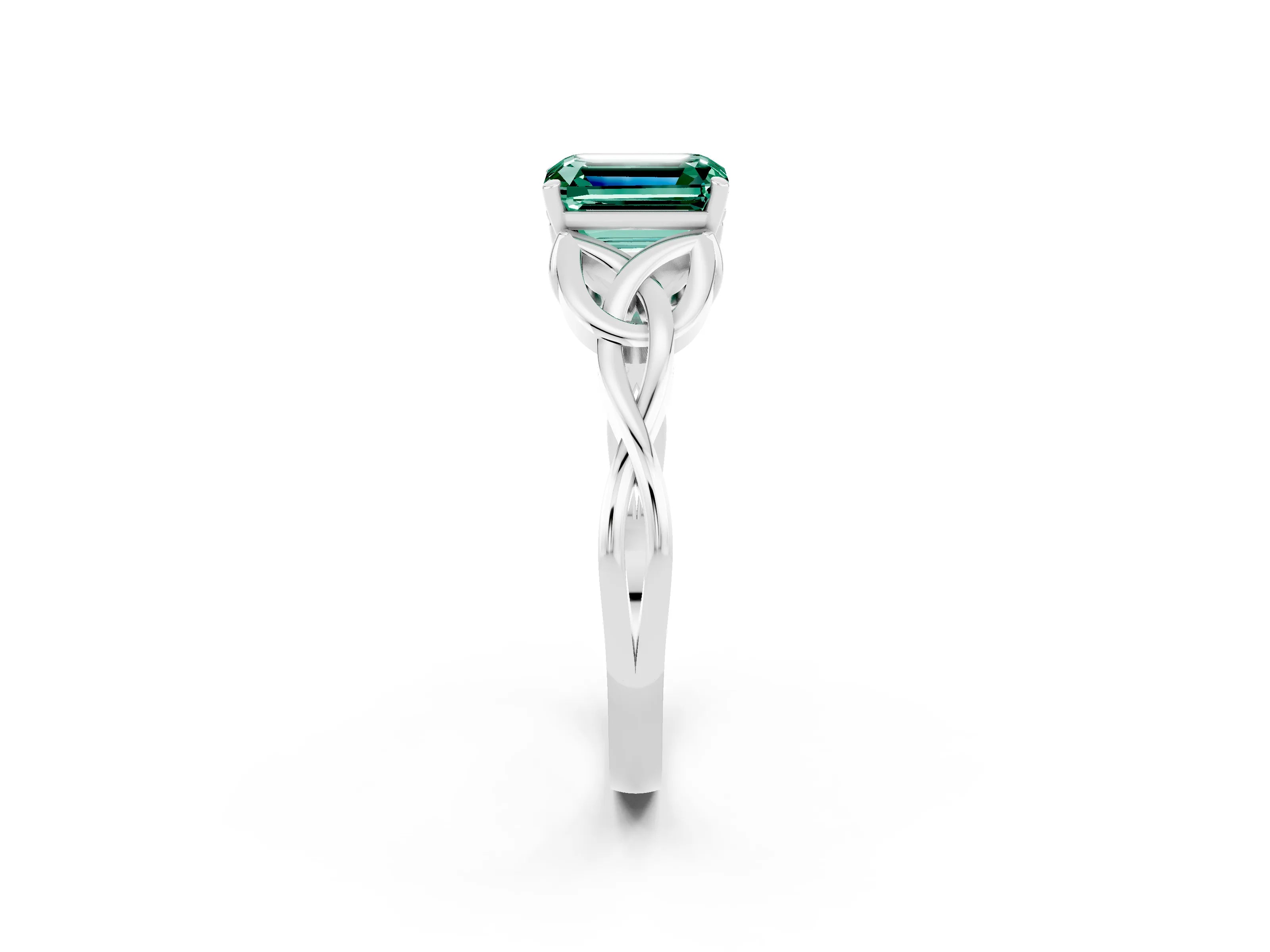White gold Emerald Cut Green Sapphire Solitaire Engagement Ring with Celtic Knot Band and Four-Prong Setting_2