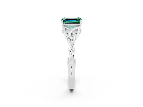 White gold Emerald Cut Green Sapphire Solitaire Engagement Ring with Celtic Knot Band and Four-Prong Setting_2