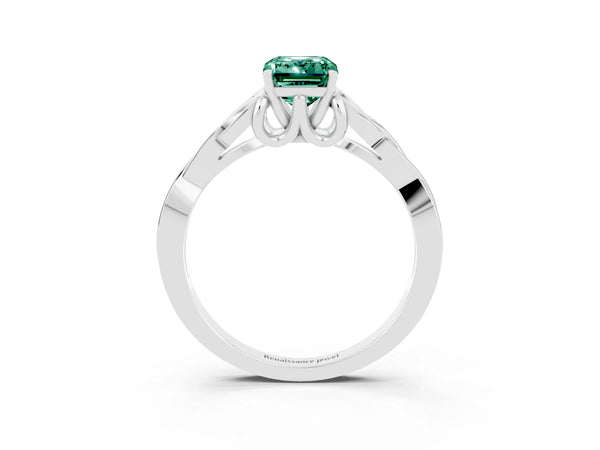 Silver Emerald Cut Green Sapphire Solitaire Engagement Ring with Celtic Knot Band and Four-Prong Setting