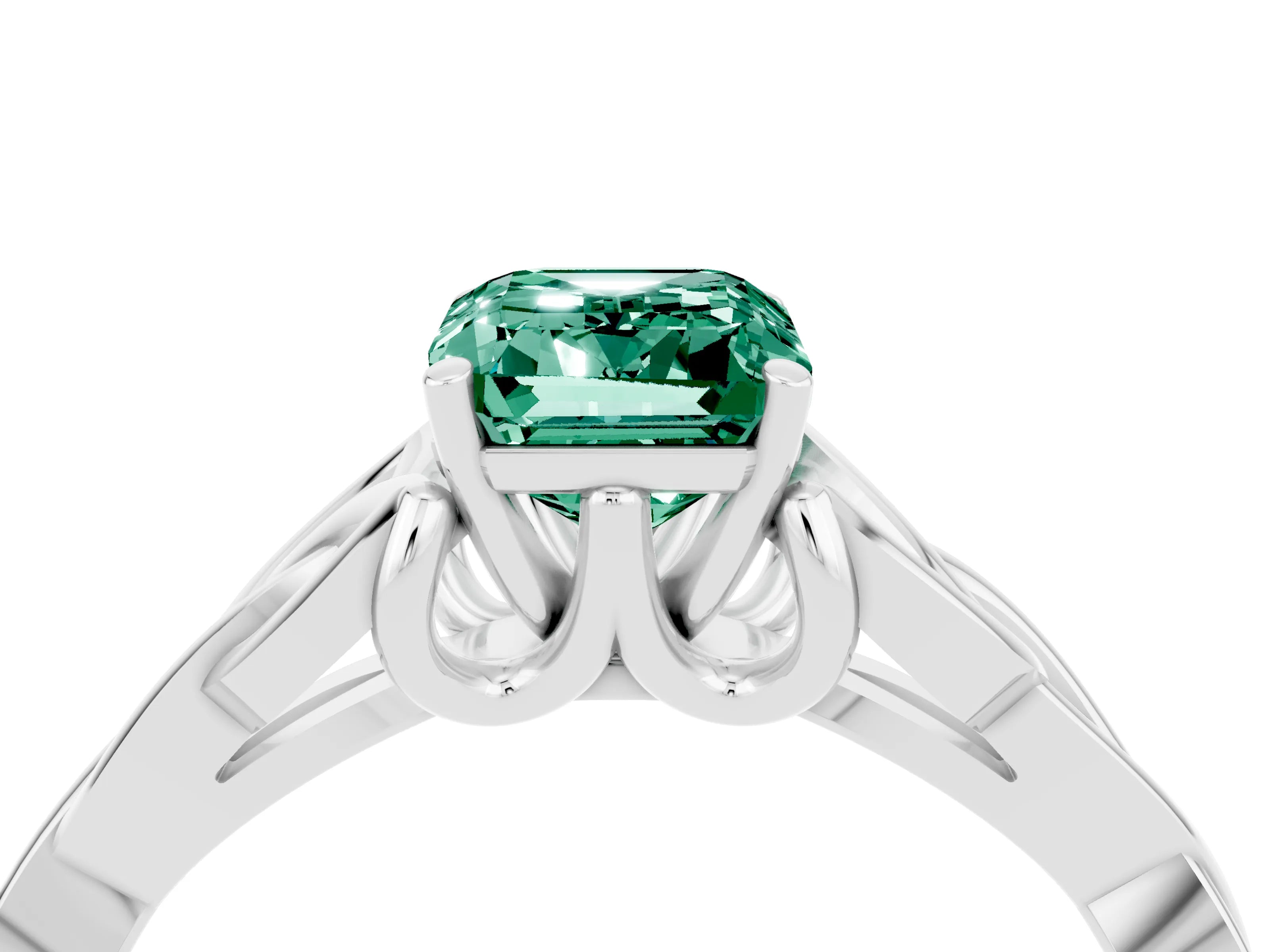 White gold Emerald Cut Green Sapphire Solitaire Engagement Ring with Celtic Knot Band and Four-Prong Setting_4