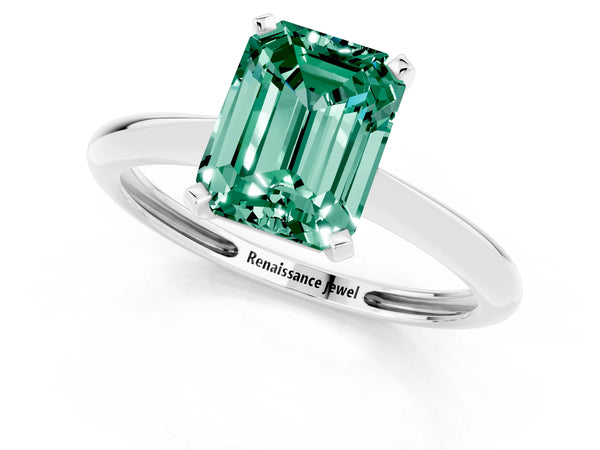 White gold Emerald Cut Green Sapphire Solitaire Engagement Ring with Classic Band and Four-Prong Setting