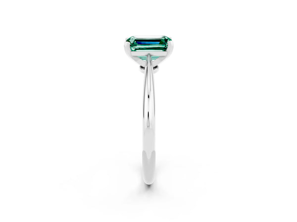 White gold Emerald Cut Green Sapphire Solitaire Engagement Ring with Classic Band and Four-Prong Setting